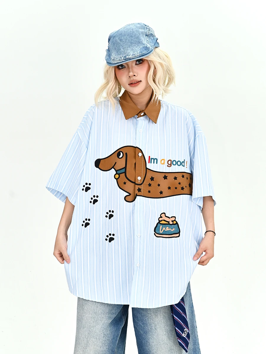 

Lazy Dog Stripe ort Sve Loose Women's irt Summer 2026 New Sle Bf Japanese Retro Couple Top Trendy Streetwear