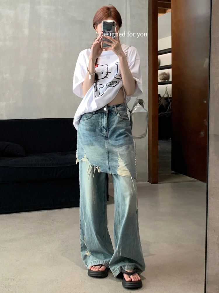 Reddachic Nep 2-delige Gescheurde Baggy Jeans Vrouwen Onregelmatige Patchwork Whiskers Wijde Pijpen Denim Broek Koreaanse Casual Vintage Kleding