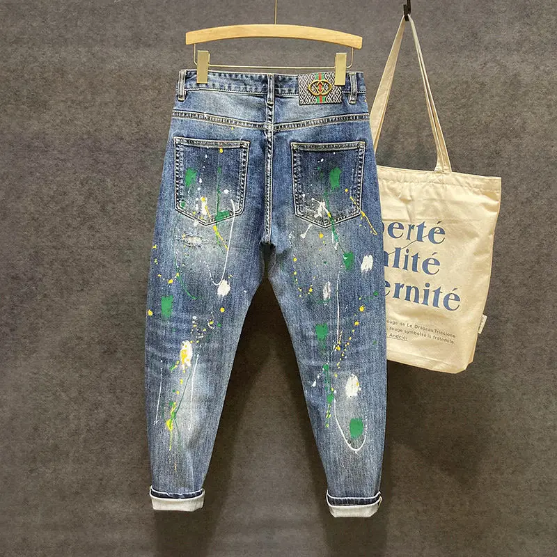 High-end Luxury Brand Designer Design Jeans Men Slim Fit Small Feet Fit Art Splashing Ink Graffiti Ripped Casual Pants Men