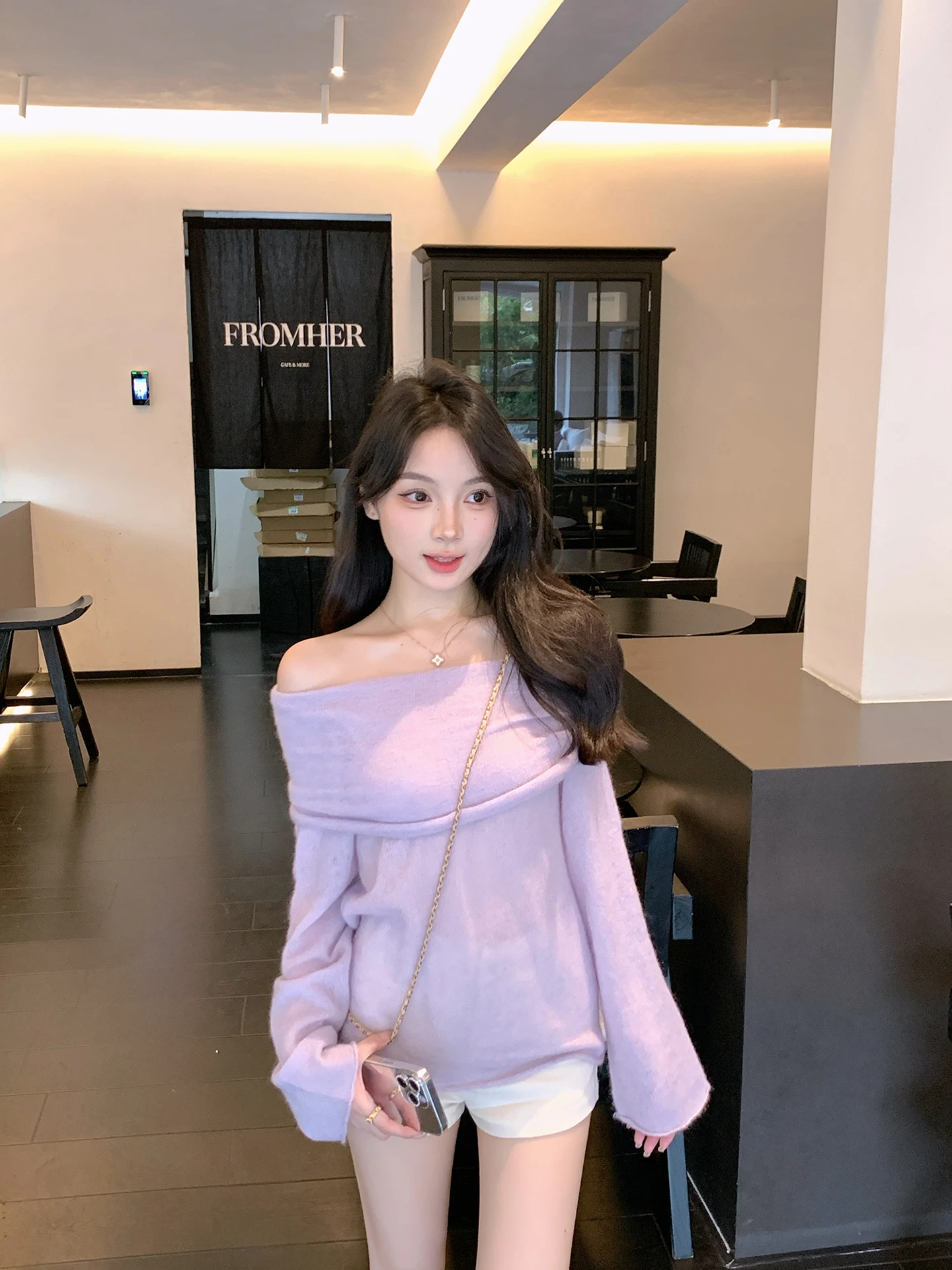 

ZhouYeye Фиолетовый шерстяной свитер на одно плечо, женский топ с плечами, осень-зима, ленивый вязаный свитер, Sweet Sle L...