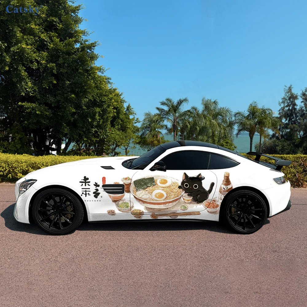 

Виниловая наклейка «Черный кот ест» Ramen Sake, автомобильная виниловая наклейка, самоклеящаяся наклейка из ПВХ, подходит для грузовиков, внедорожников, декора, автоаксессуары, подарок