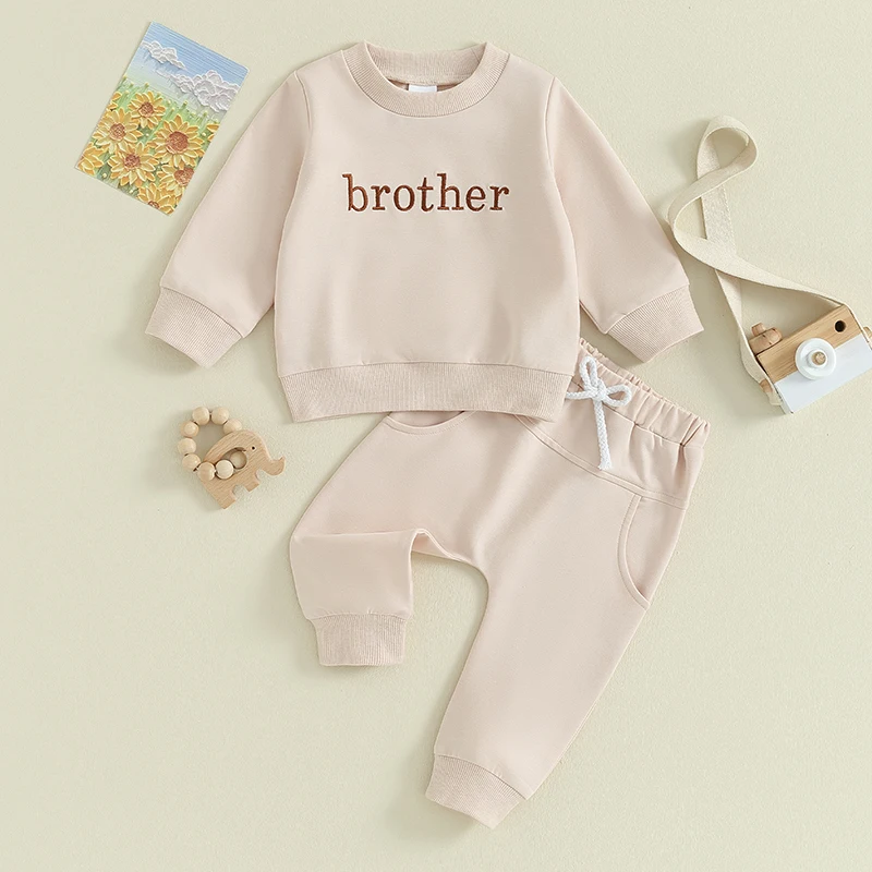 Toddler Baby Boy Outfits Brother Embroidery Long Sleeve Sweatshirt Tops and Pants Set 2Pcs Fall Winter Clothes