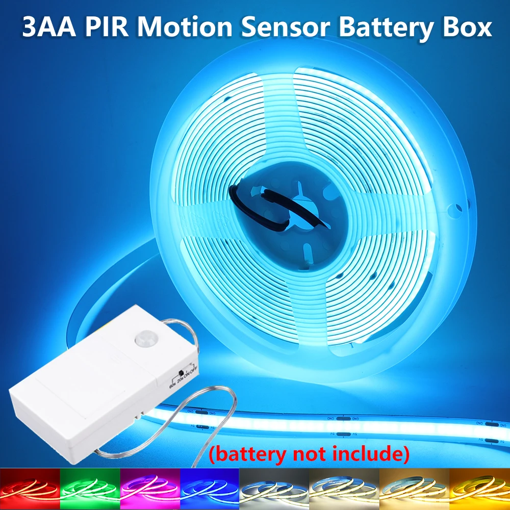 5V 8MM COB LED Strip Motion Sensor Battery Powered 320LEDs/m High Density Flexible Tape LED Induction Night Lights for Bedroom