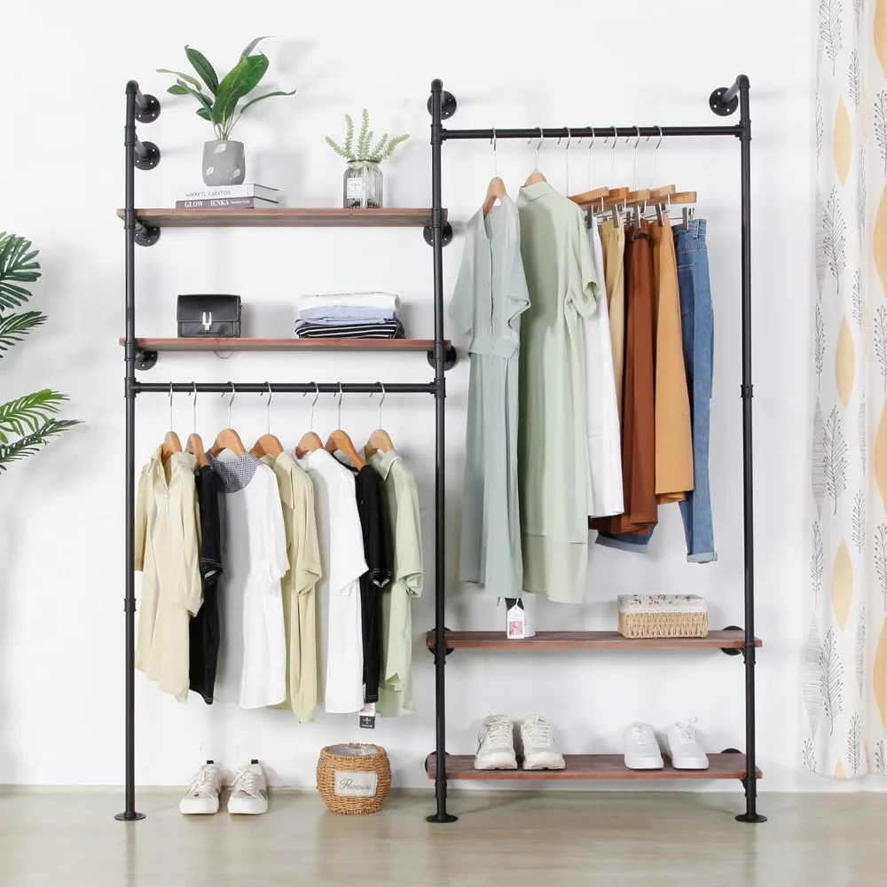 

Industrial Pipe Double Hanging Rods Clothing Rack with 4 Tier Shelves, Heavy Duty Garment Racks Display Racks On Wall for Hangin