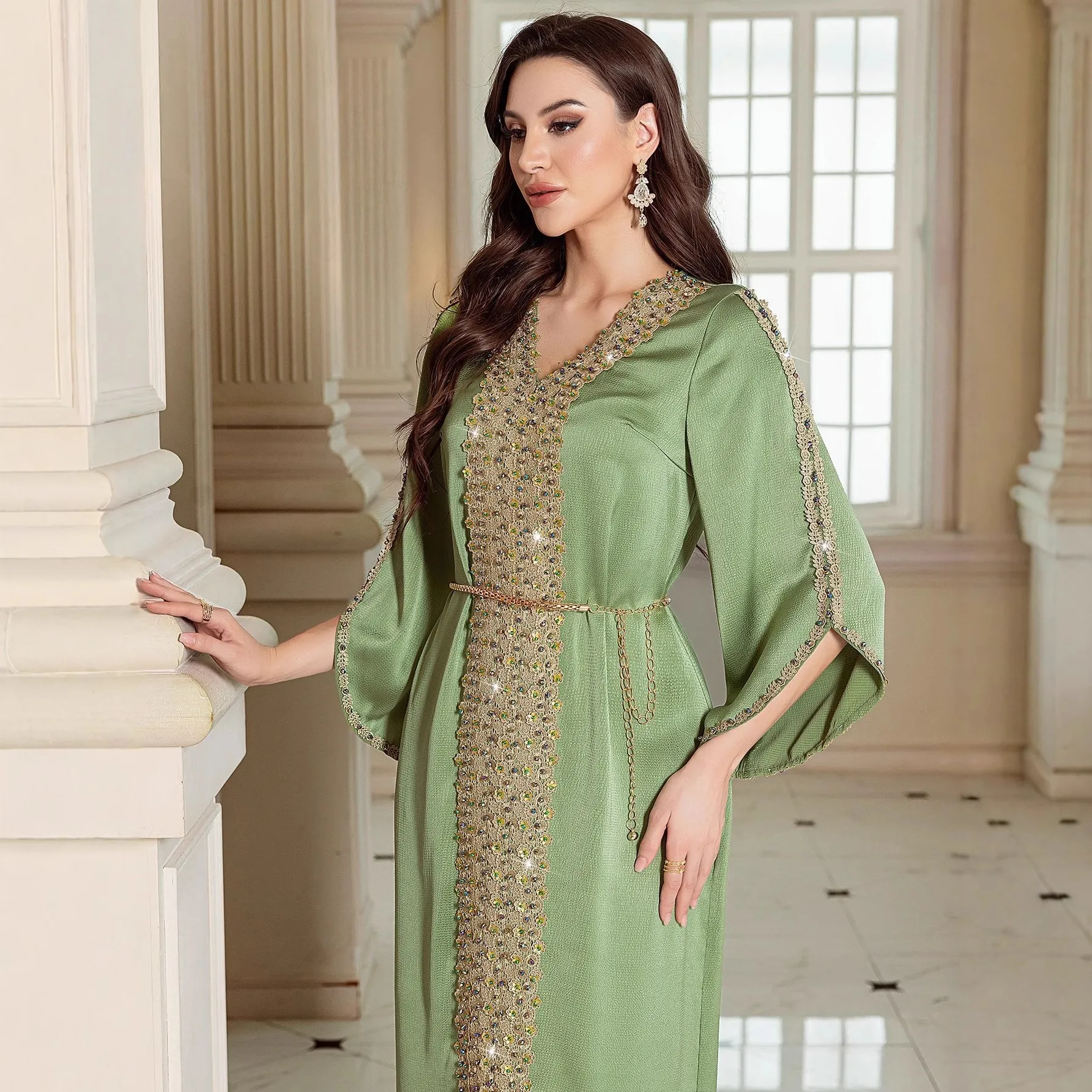 Women Elegant Lace Hand Beaded Dress for Wedding Guest Party Prom with V Neck Bell Sleeves Floor Length Sheer Overlay Gold