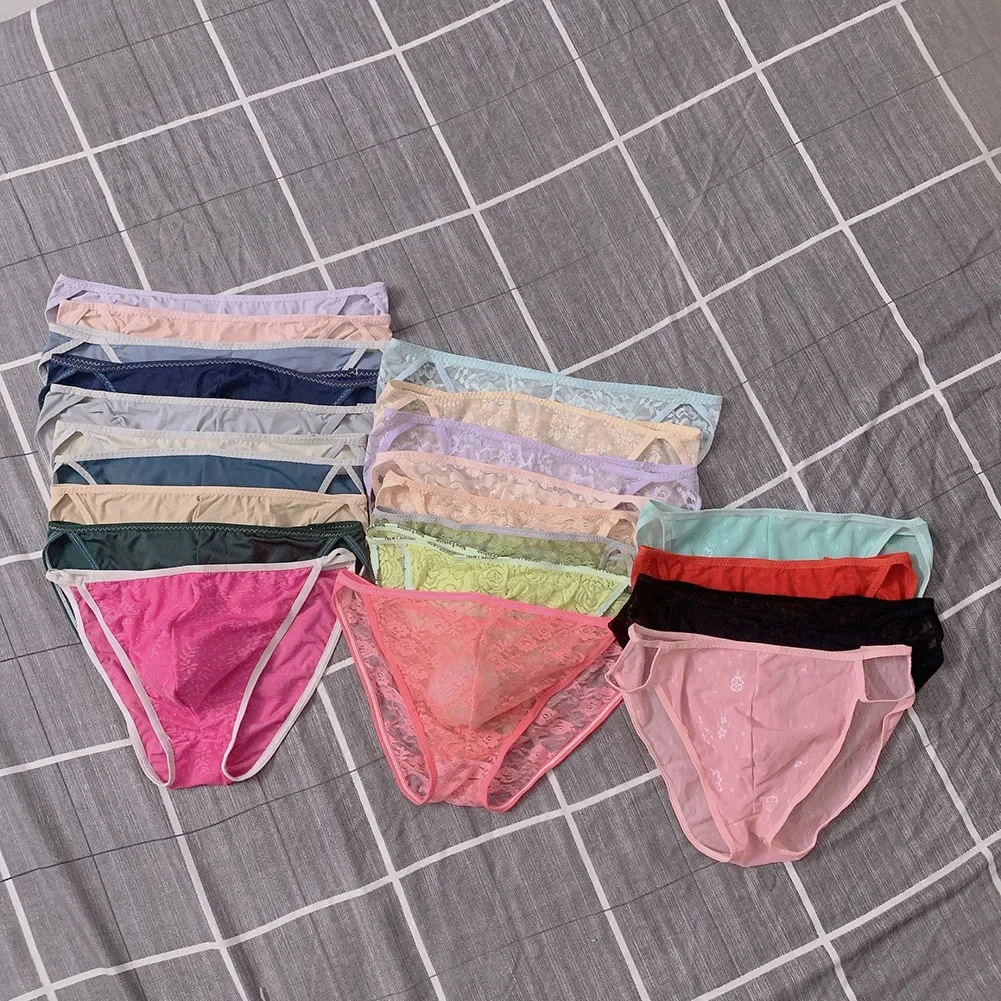 

Random 1pc Men Basic Simple Briefs Low Waist Transparent Lace Floral Panties U Convex Pouch Bikini Underwear