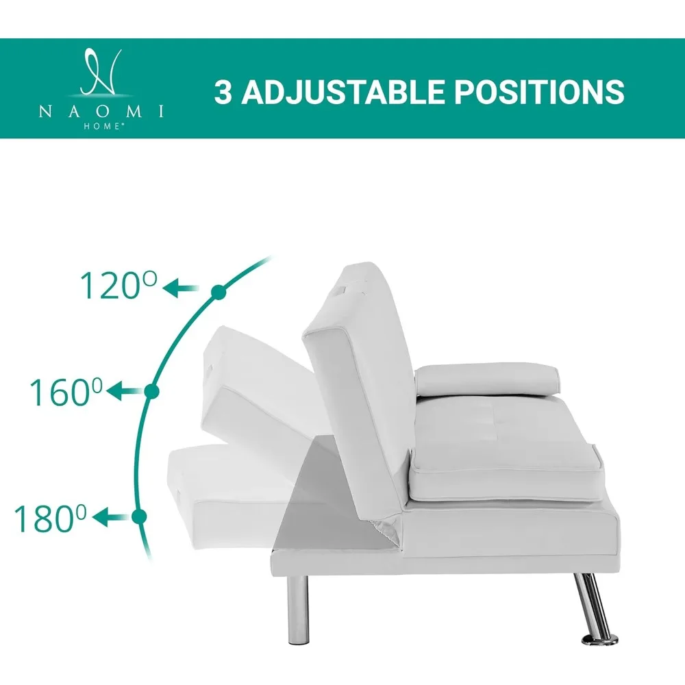 Divano letto futon in ecopelle bianca, divanetto reclinabile a 3 posizioni con braccioli, 2 portabicchieri, capacità di carico di 500 libbre