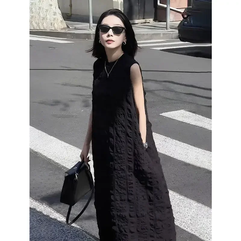 

Поп-модное платье без рукавов с круглым вырезом и карманами, свободное платье без рукавов с разрезом, женская одежда, новинка лета 2025 года, однотонное повседневное платье большого размера