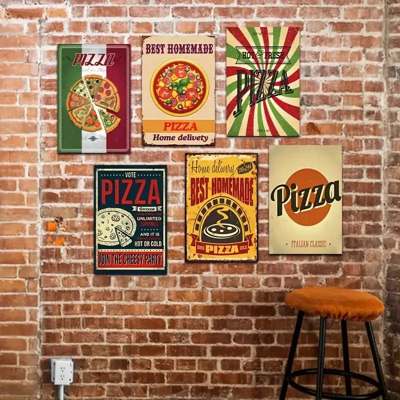 Juego de 6 letreros metálicos retro para pizza, diseño clásico, acabado impermeable, 20,32 x 30,48 cm, preperforados para configuración, hechos de hierro, Ver