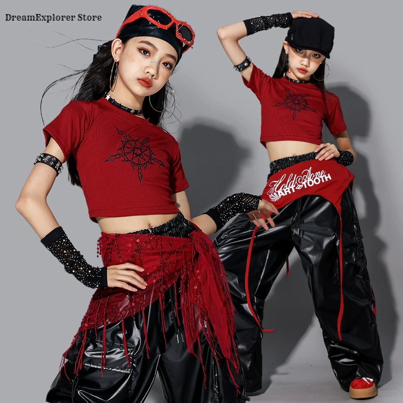 

Girls K-pop Red Crop Top Street Dance Cargo Pants Kids Hip Hop Jazz Girl Group Clothes Sets Children Streetwear Teens Costumes