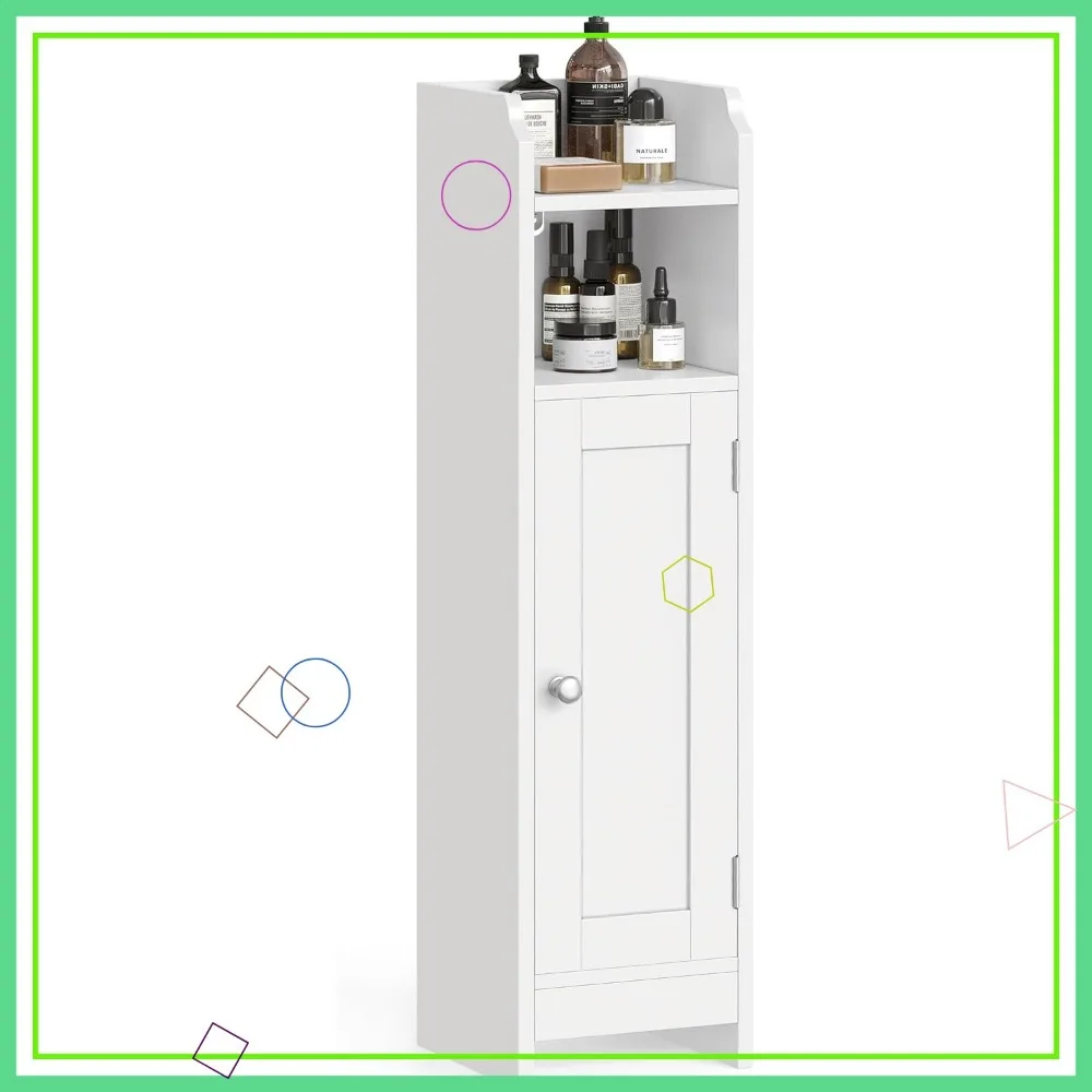 Compact Corner Floor Cabinet with Door, Adjustable Shelves for Bathroom & Living Room, White Storage Organizer