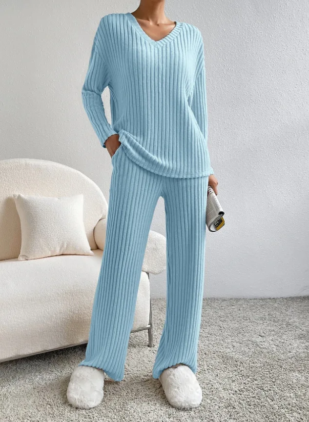 2024 Women\'s autumn winter knit cotton suit solid home clothes loose long-sleeved casual V-neck sweater + straight pant trousers