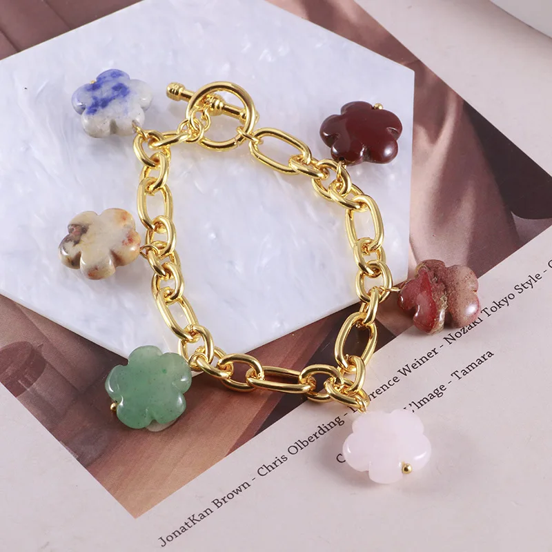 

Fashion Statement Colorful Natural Stones Flowers Multiple Pendants Thick Chain Texture Bracelets for Women Vintage Jewelry Gift