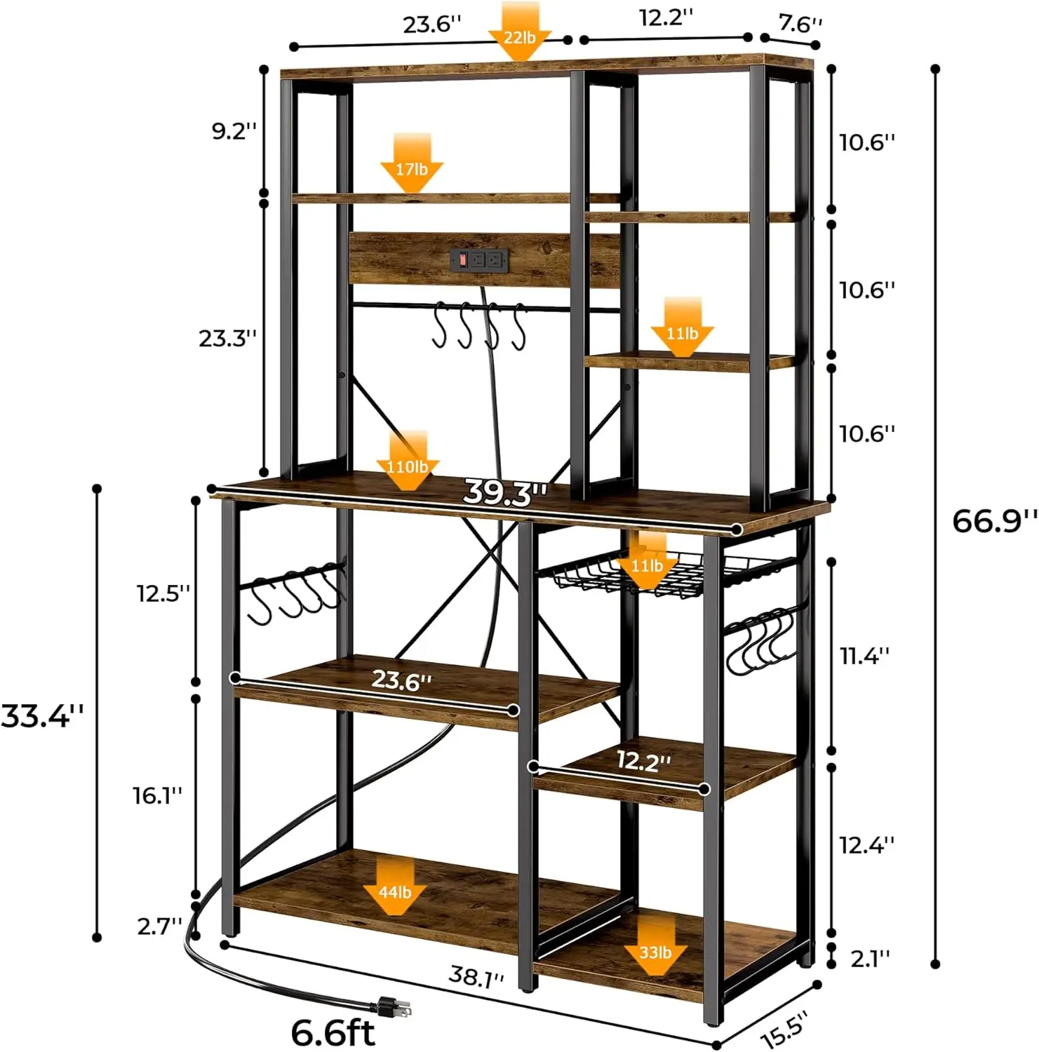 Large Bakers Rack with Power Outlets, 6-Tier Microwave Stand, Coffee Bar with 12 S-Shaped Hooks, Kitchen Shelf with Wire Basket,