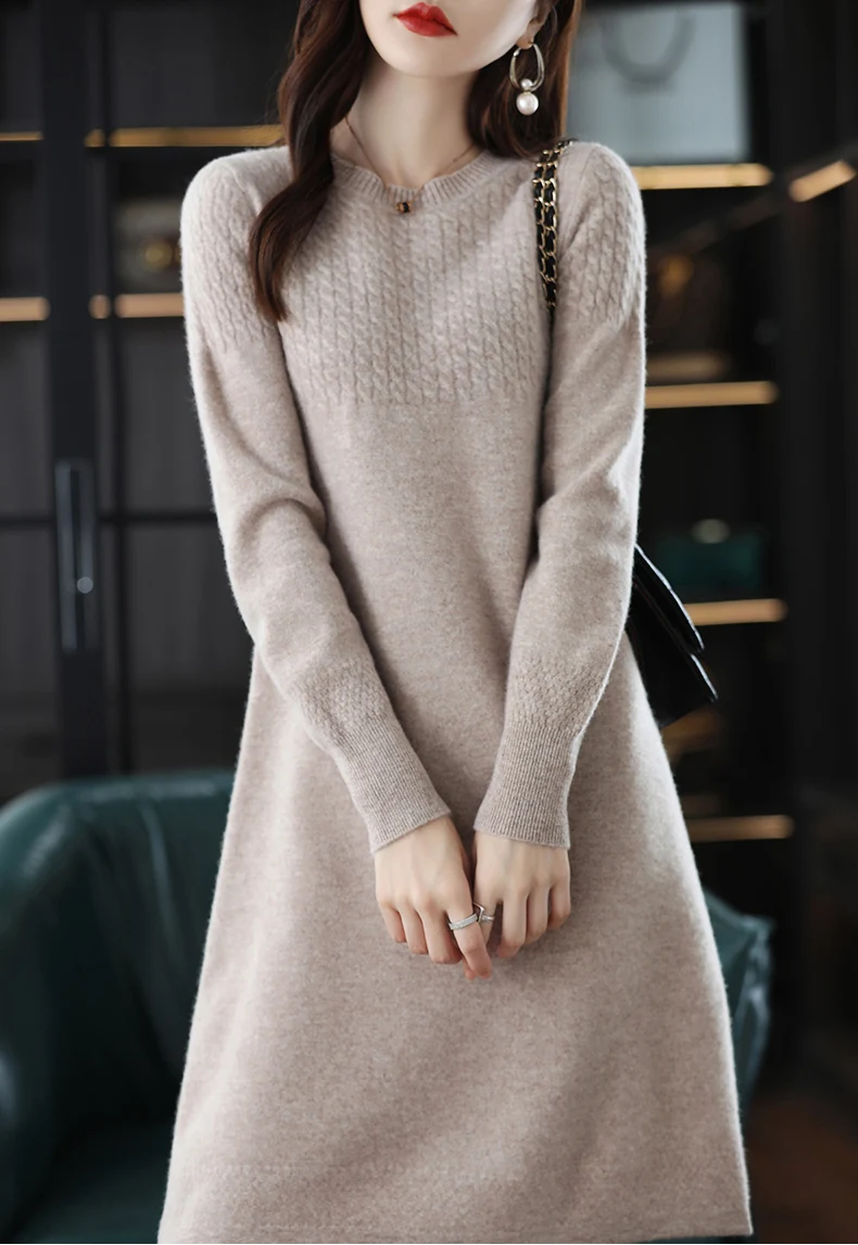 Round Neck Cashmere Dress Women's Long Pullover Sweater Autumn And Winter New Knitted Knee-Length Pure Wool Dress