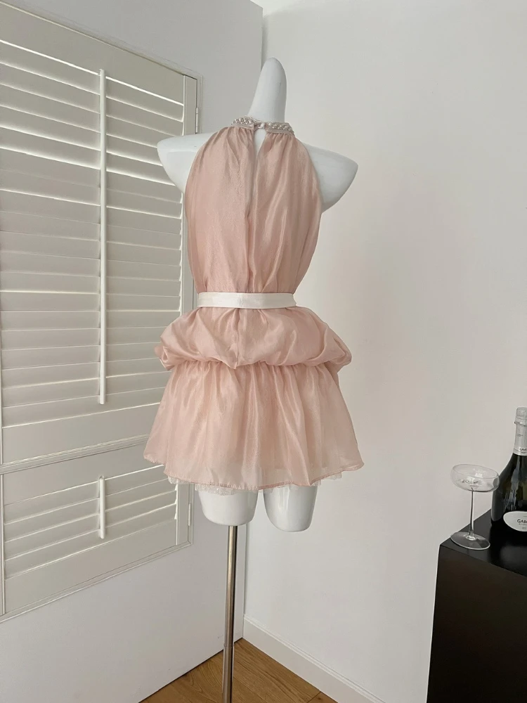 2025 rosa halter pescoço pérola adornado vestido faixas em camadas bainha de renda doce elegante feminino chique design vestido moda feminina nova