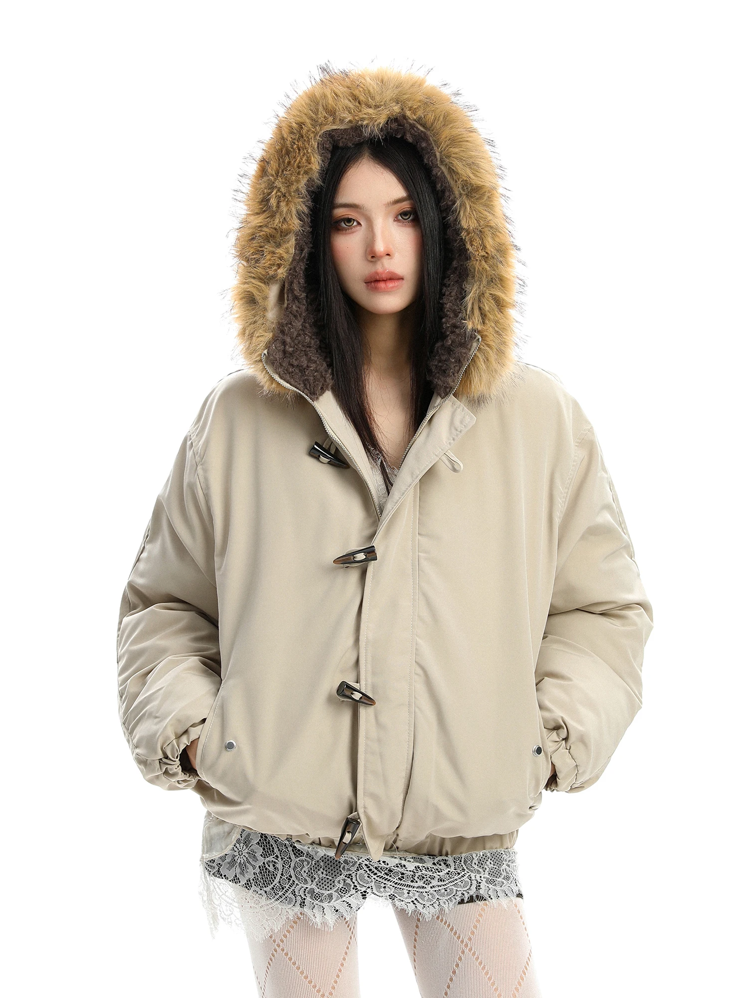 

Korean Sle Removable Fur Collar Thiened Bread Sle Cotton Jaet Women's Winter Warm Coat Button Detail Loose Fit Long S...