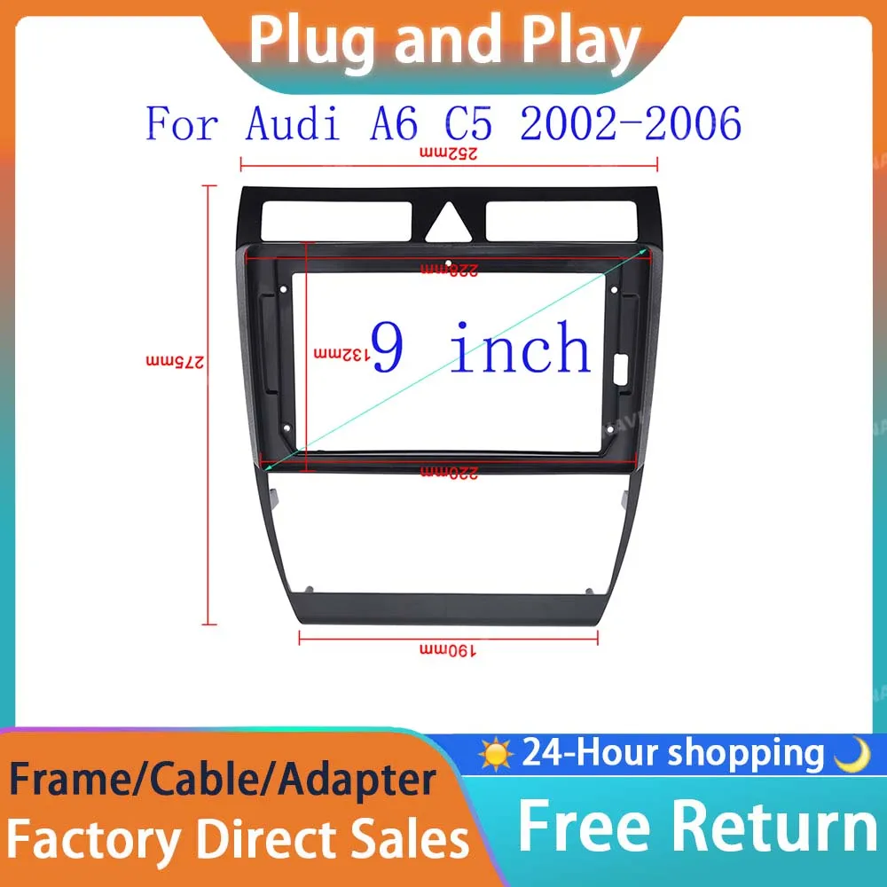 RSNAVI 9 inch Car Radio Fascia For Audi A6 C5 2002-2006 Double Din Stereo DVD Frame Dashboard Panel Mounting Installation Trim