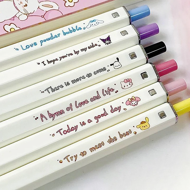 6Pcs Kawaii Hello Kitty Writing Pen Cute Sanrio Kuromi Cinnamoroll Good-looking Press Square Shape Gel Pen Simple Student Gift