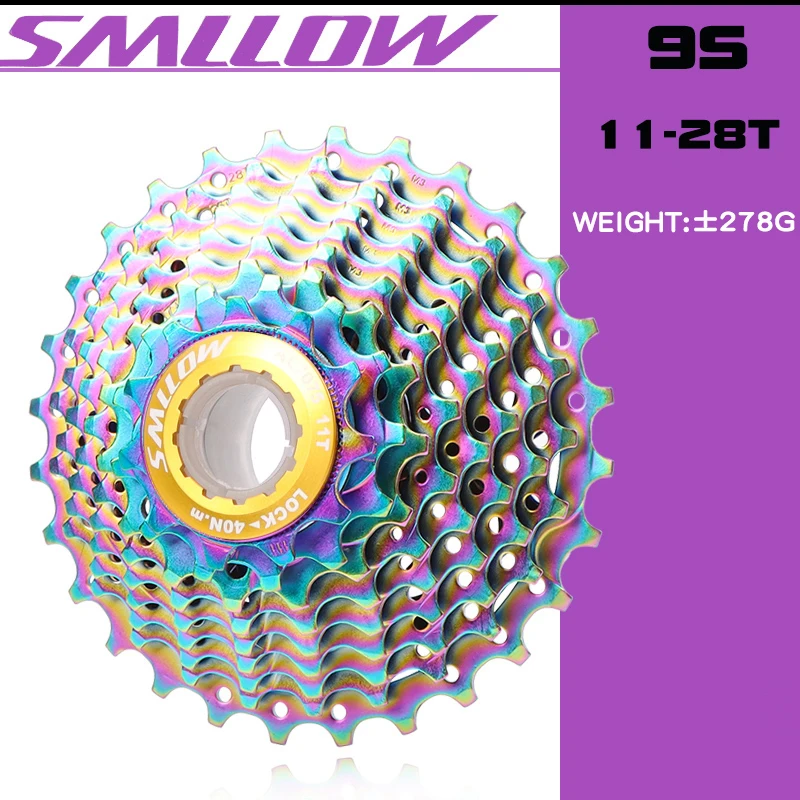 SMLLOW Road Bicycle Colorful Cassette Freewheel 9 Speed 11-13-15-17-19-21-23-25-28T Chrome-Molybdenum Steel Flywheel Rainbow