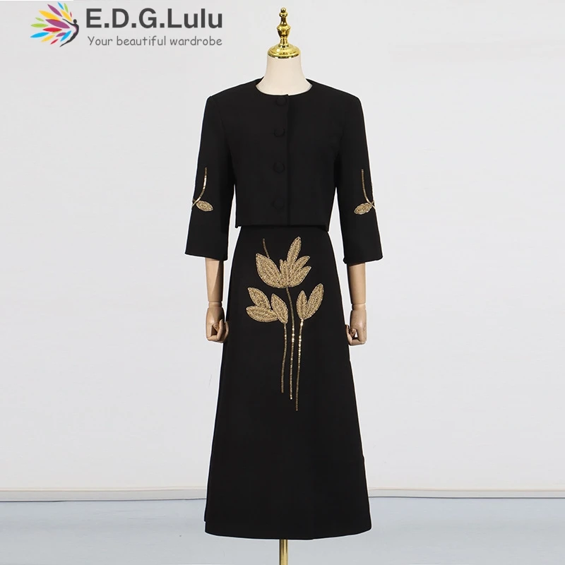 EDGLuLu Round Neck Seven Quarter Sleeve Top +High Waist A-Line Long Skirt Sequin Embroidery Floral New Two Piece Set 1117