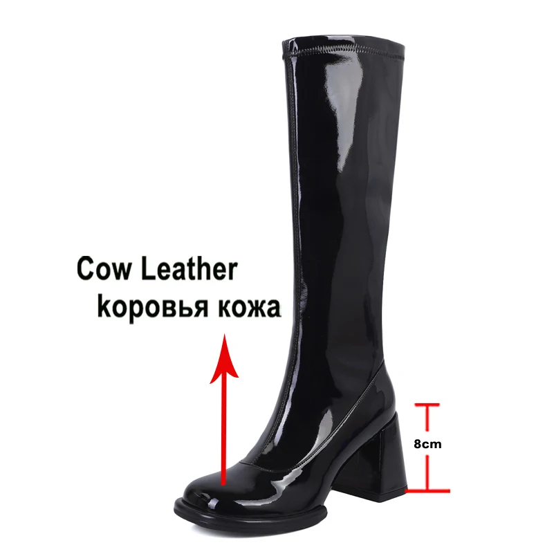 Meotina Women Genuine Leather Knee High Boots Round Toe Platform Chunky High Heels Zipper Long Boot Ladies Shoes Autumn Winter