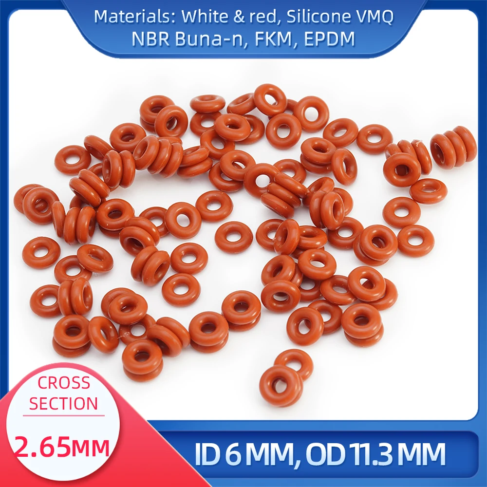 

O Ring CS 2.65 mm ID 6 mm OD 11.3 mm Material With Silicone VMQ NBR FKM EPDM ORing Seal Gaske