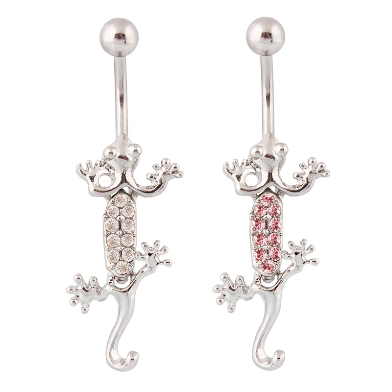 Geko-Anillo para el ombligo de 14G y 10mm, barra médica de acero inoxidable, Piercing corporal con diamantes de imitación, color rosa claro, sin níquel, a la moda
