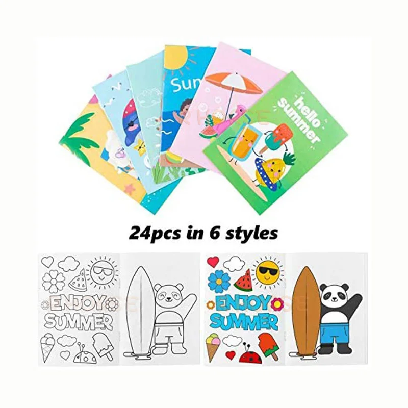 24Pcs/set Summer Coloring Books Preschool  Cute Llama Flamingo Whale Beach Ice Cream Cartoon Painting Birthday Gift for Kids