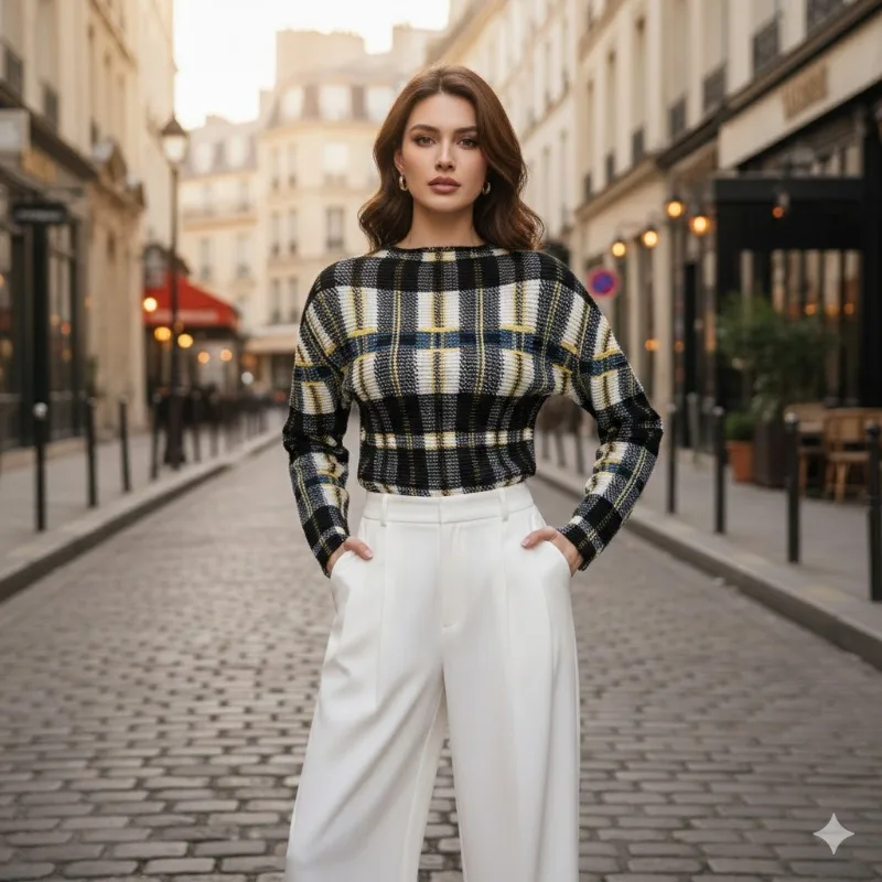 

Miyake Pleated T-shirt 2026 Spring New Plaid Printed Bottoming Shirt Pleated Casual Versatile Thin Long-sleeved T-shirt Female