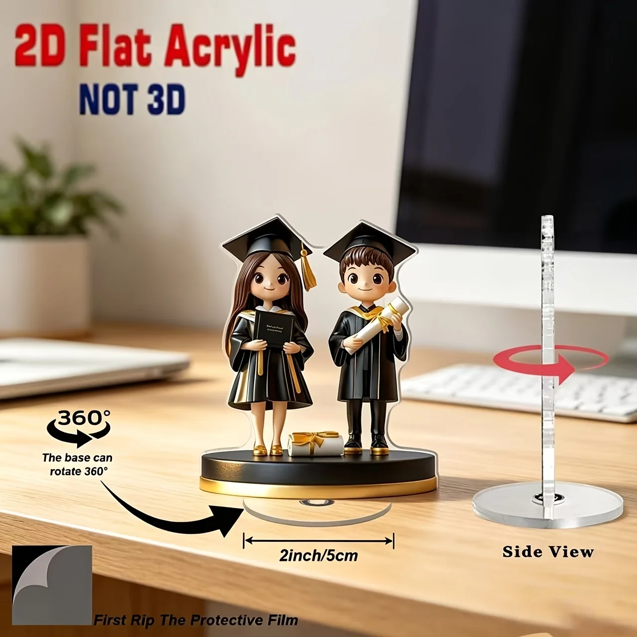 2D Flat, 1pc 2D Flat Rotating Acrylic Desktop Decoration with a Graduation Figurine, Suitable for Any Office or Study Space, Cel