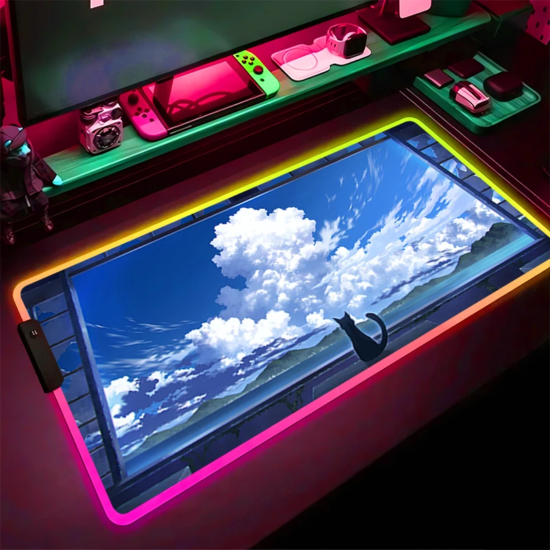 RGB LED Mouse Pad Computer Gamer PC Accessories Mousepad HD Rubber Extended Pad Non Slip Desk Mat Laptop Clouds Cat Keyboard Pad