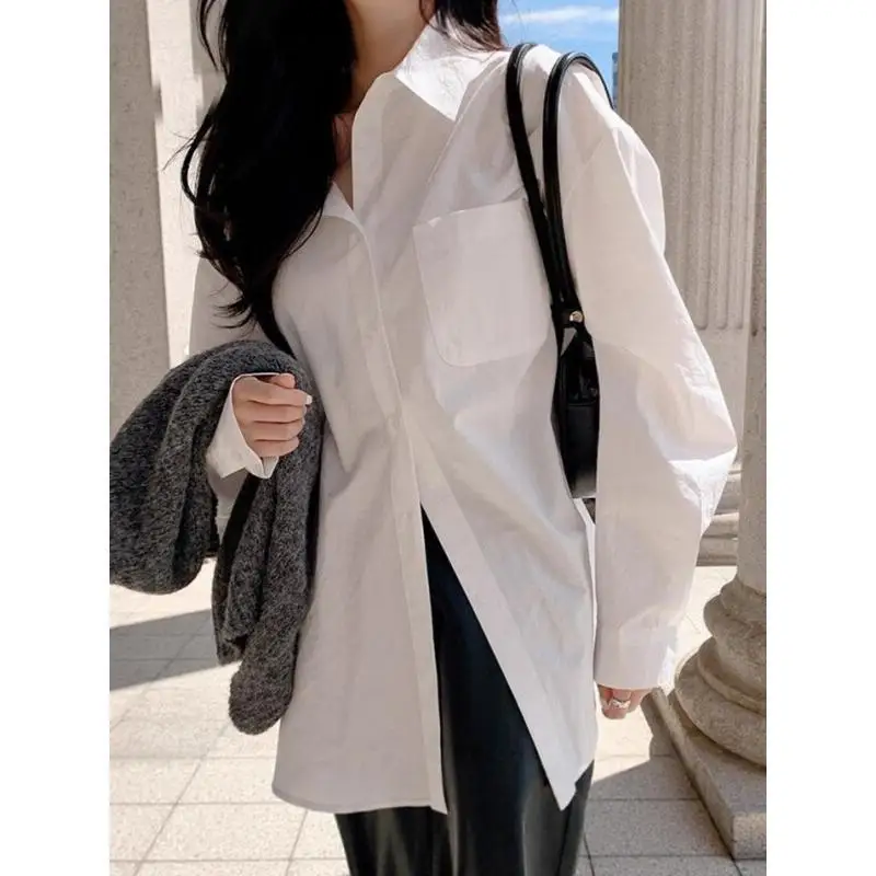 

Блузка из смесового хлопка для женщин, весна-лето, свободный крой, белая, модная, в корейском стиле, с длинными рукавами, новая женская рабочая блузка