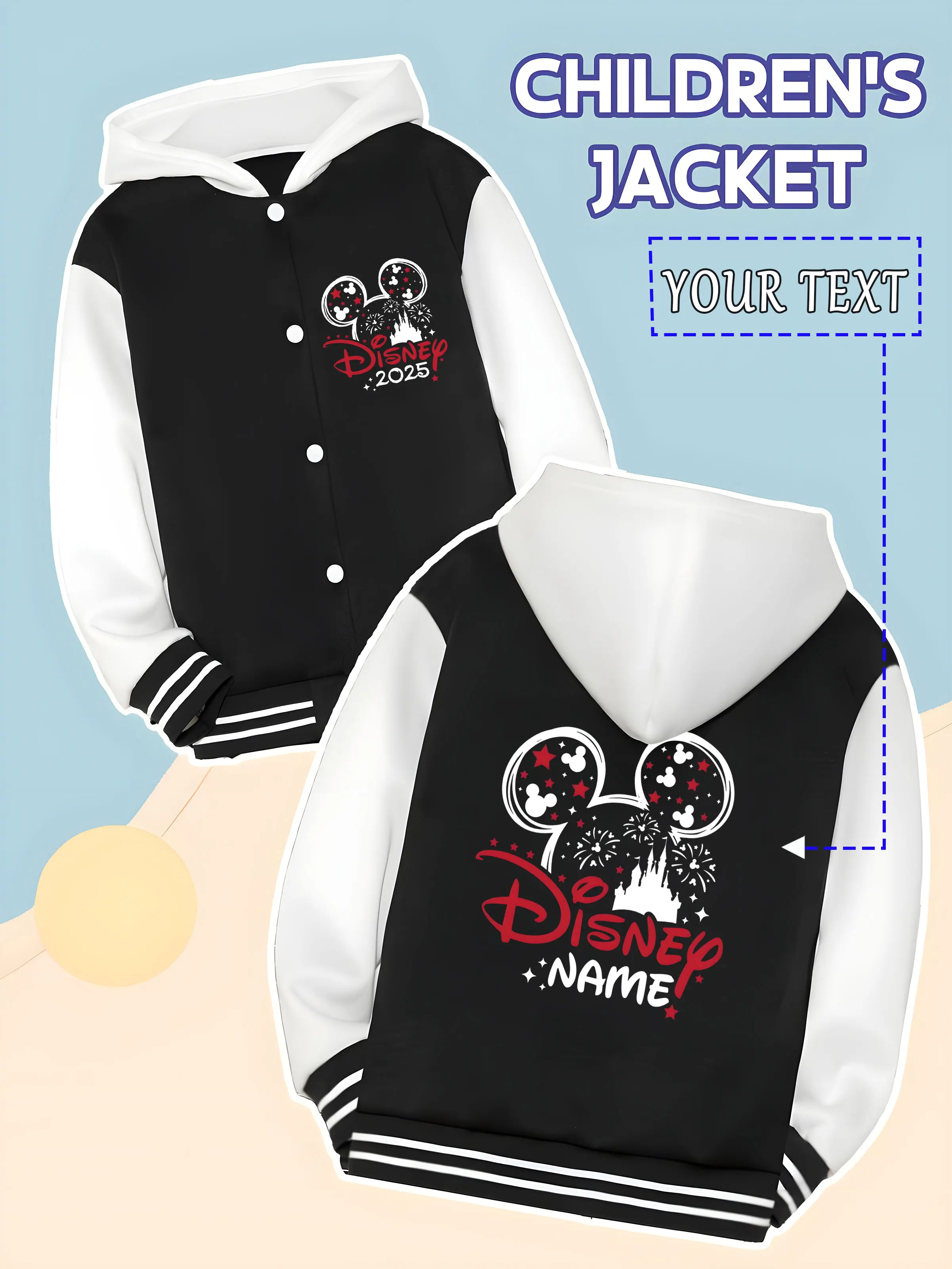

MINISO Disney 2025 Mickey Mouse Head Commemorative Children's Baseball Jacket - Mickey Mouse head and castle pattern,