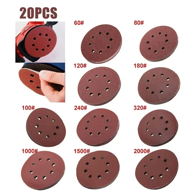20pcs 5 Inch 125mm Round Sandpaper 8 Hole Sanding Discs Hook & Loop Grit 40-2000