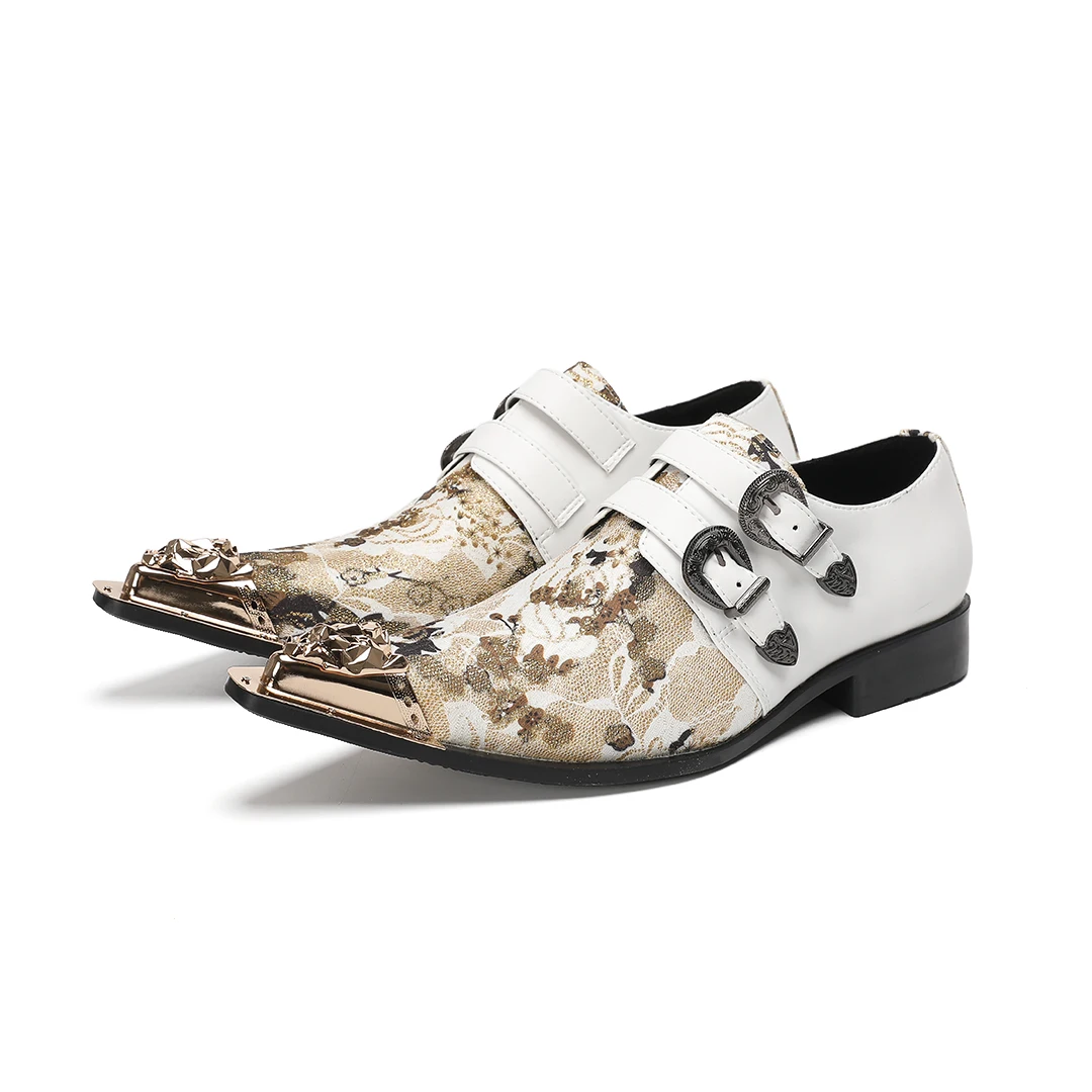 

British Floral Metal Pointed Toe Men Genuine Leather Brogue Shoes Plus Size Party Business Footwear Buckle Strap Oxford Shoe