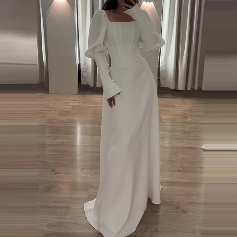 Women Sexy Square Neck Corset Wedding Dress Puff Long Sleeve A Line Floor Length Bridal Gowns Elegant Simple Evening Party Dress
