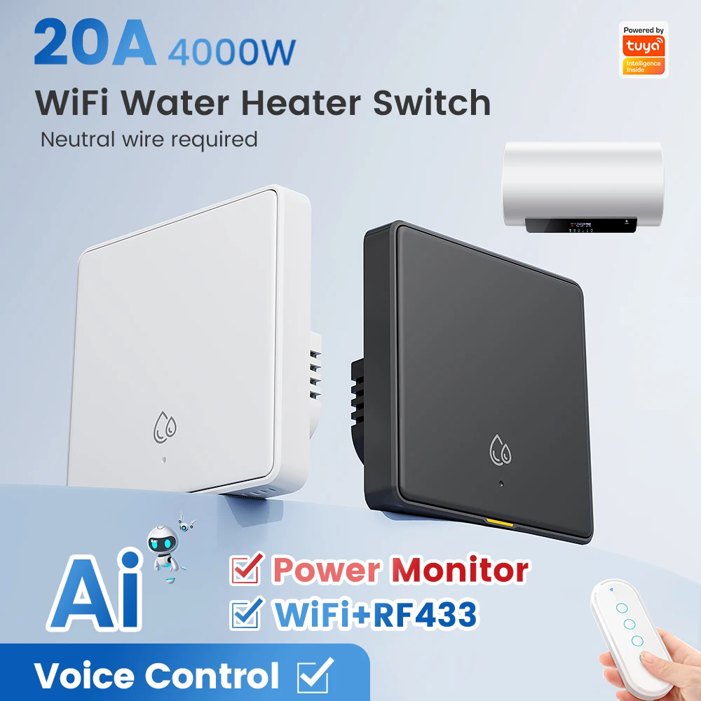 

20A 4000W Wi-Fi RF433 Умный переключатель для нагревателя горячей воды AI Assistant Tuya Настенный переключатель Монитор мощности Работа с Alexa Google Home