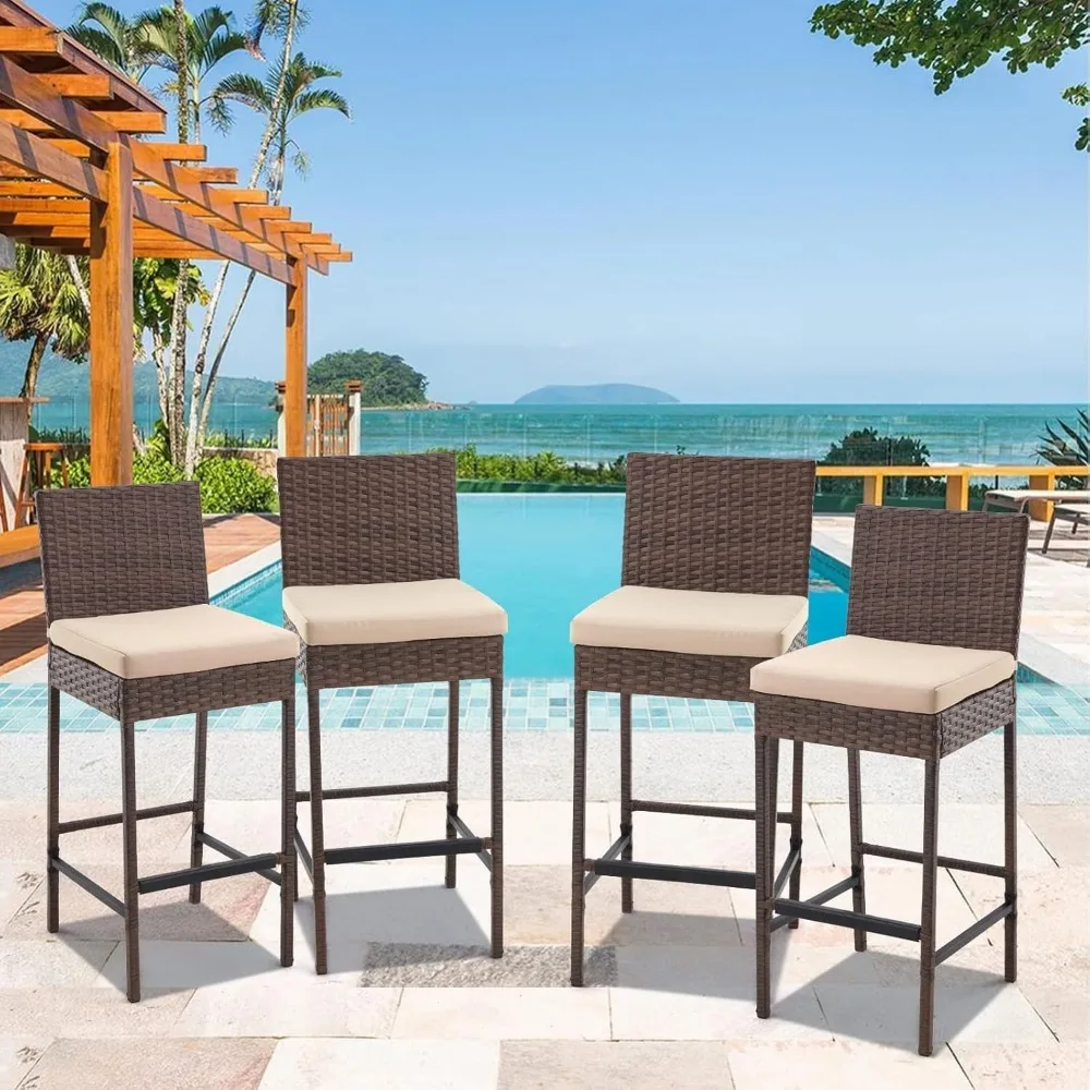 Outdoor Bar Stools, Wicker Woven Patio Stools & Patio Bar Chairs with Seat Cushion and Cozy Footrest, Rattan Furniture Armless