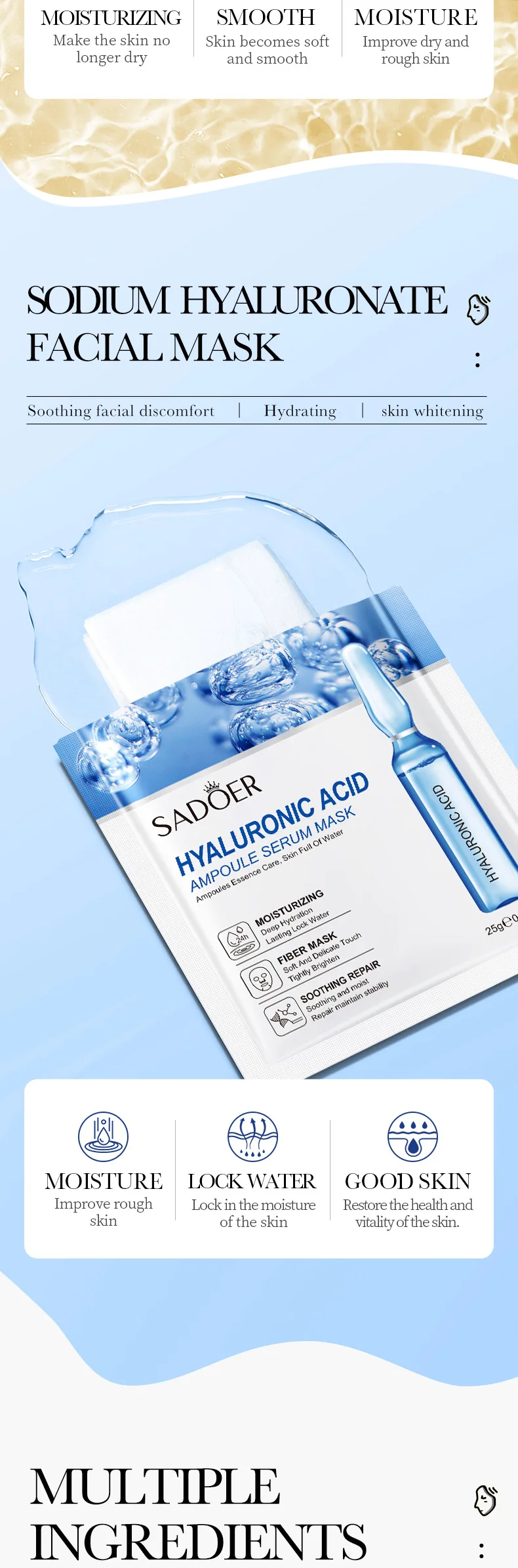 15 Stück SADOER 24K Gold Vitamin C Hyaluronsäure Gesichtsmasken für Gesicht, feuchtigkeitsspendend, straffend, feuchtigkeitsspendend, Gesichtsmaske, Gesichtspflege – Detail 4