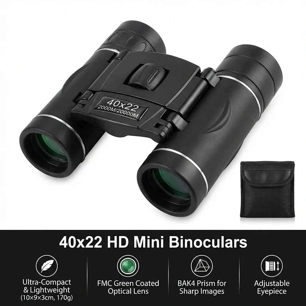 40x22 HD BAK4 FMC Binoculars, Lightweight Portable 2000M Long Range Folding Mini Telescope for Hunting Camping Sports & Travel
