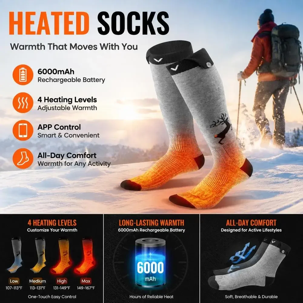 Calcetines térmicos, con batería de 6000 mAh, recargables y con 4 niveles de temperatura, calcetines eléctricos con control mediante aplicación para hombres y mujeres, calentador de pies para cazar, montar a caballo, acampar y hacer senderismo.