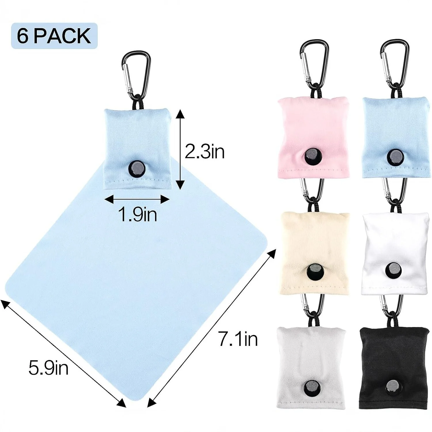 6pcs Random Color Snap Button Glasses Wipes Storage Bag with Keychain, Reusable Mini Pouch for Eyeglass Phone Camera Lens Screen