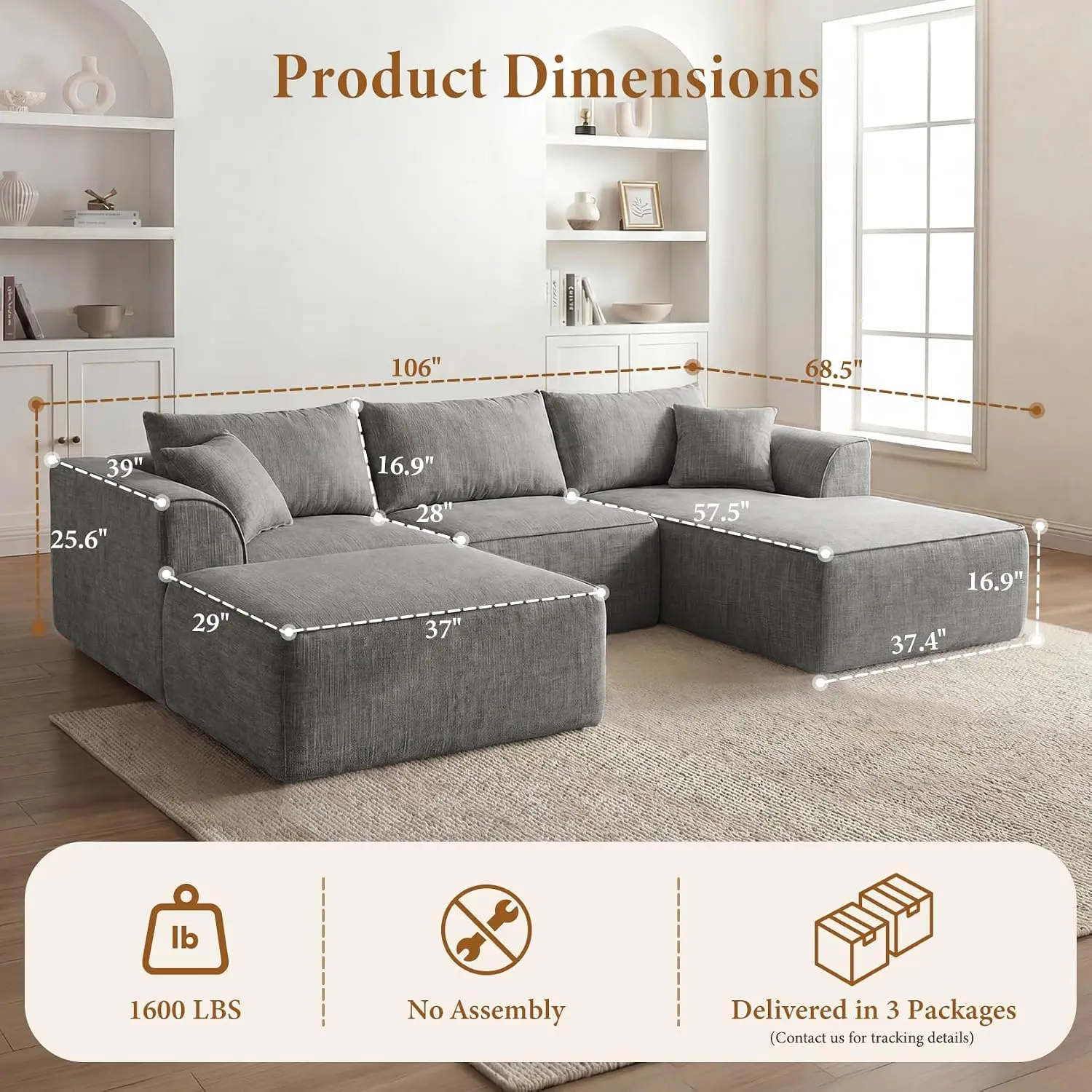 U Shaped Sectional Sofa Boneless No Assembly Required 106