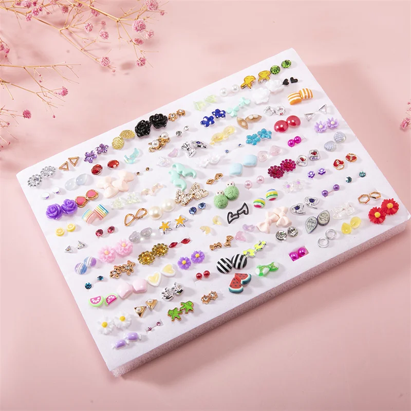 100Pair Women Acrylic Crystal Small Stud Earrings Set Girls Child Heart Star Animal Moon Plastic Geometric Earring Jewelry Gifts