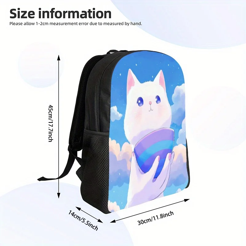 

Cloud Cat Backpack with Cup - Lightweight School Bag, Adjustable Strap, Zipper Closure - Cute White Cat and Cloud