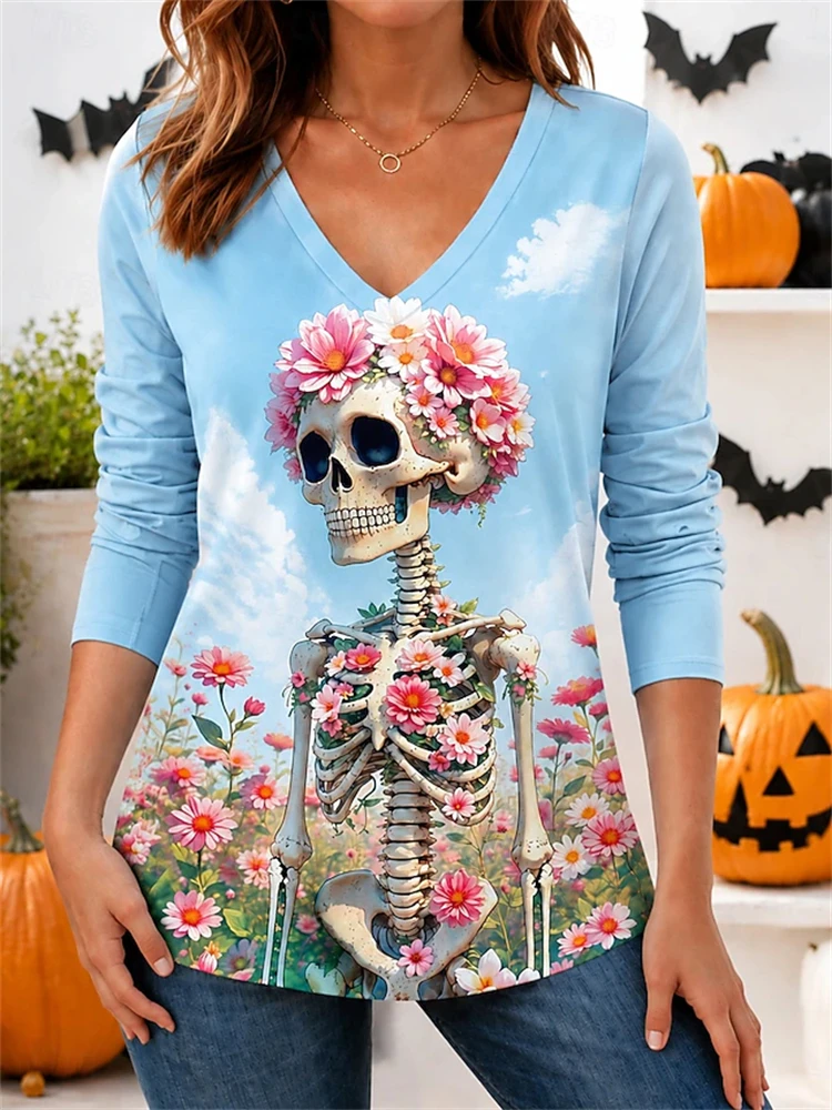 New Women's Autumn Long-Sleeve V-Neck T-Shirt – Halloween Skull Print – Casual Versatile and Stylish Perfect for Holiday Parties