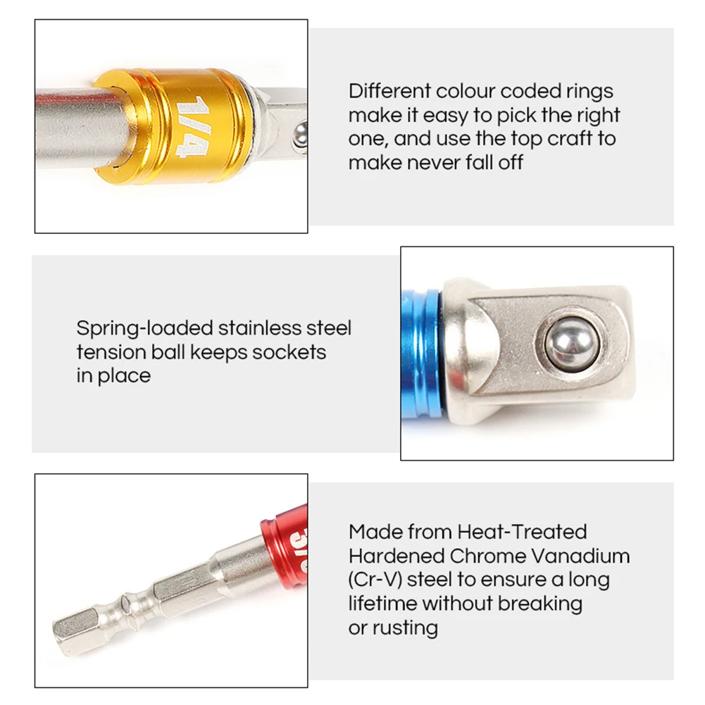 Hex Shank Drill Socket Adapter Set For Impact Driver - Square Socket Drill Bits Bar Extension, 1/4\