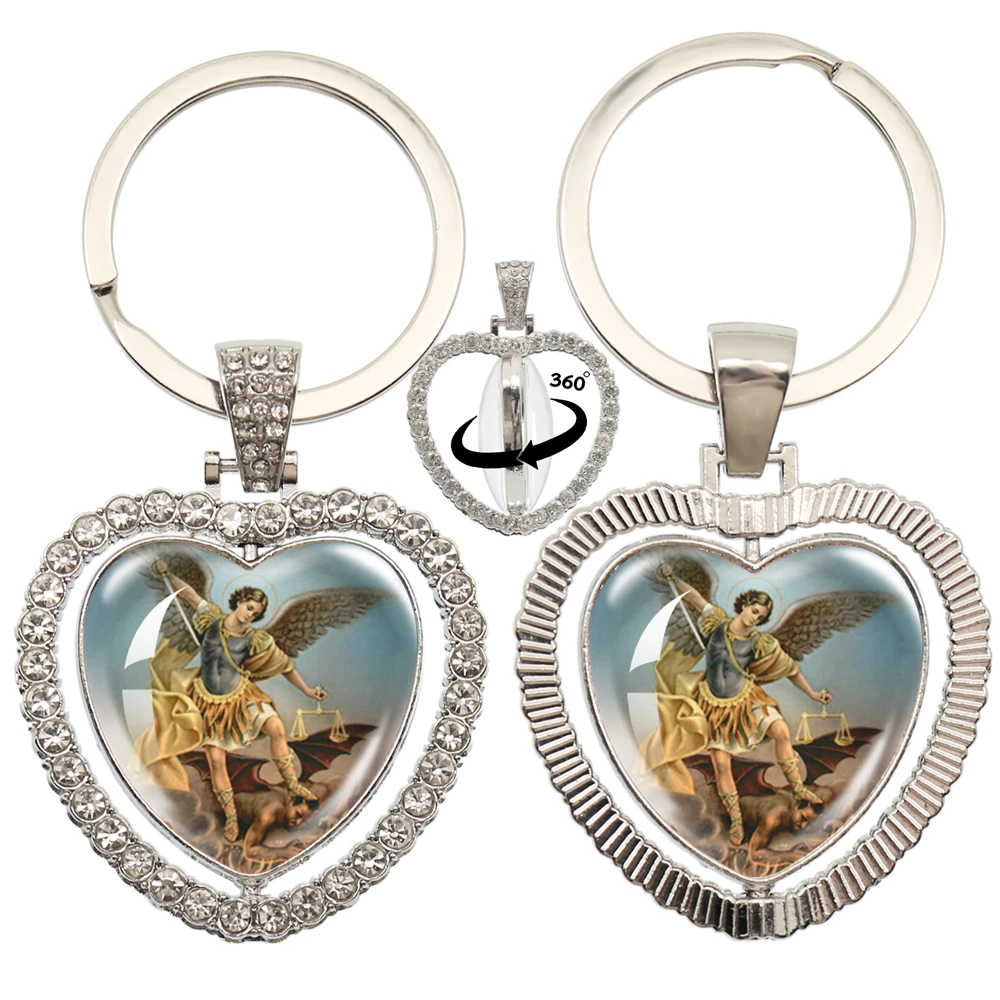 Archangel St. Michael Keychain Protect Me Saint Shield Angel Heart Shaped Pendant Double Sided Keychain Jewelry