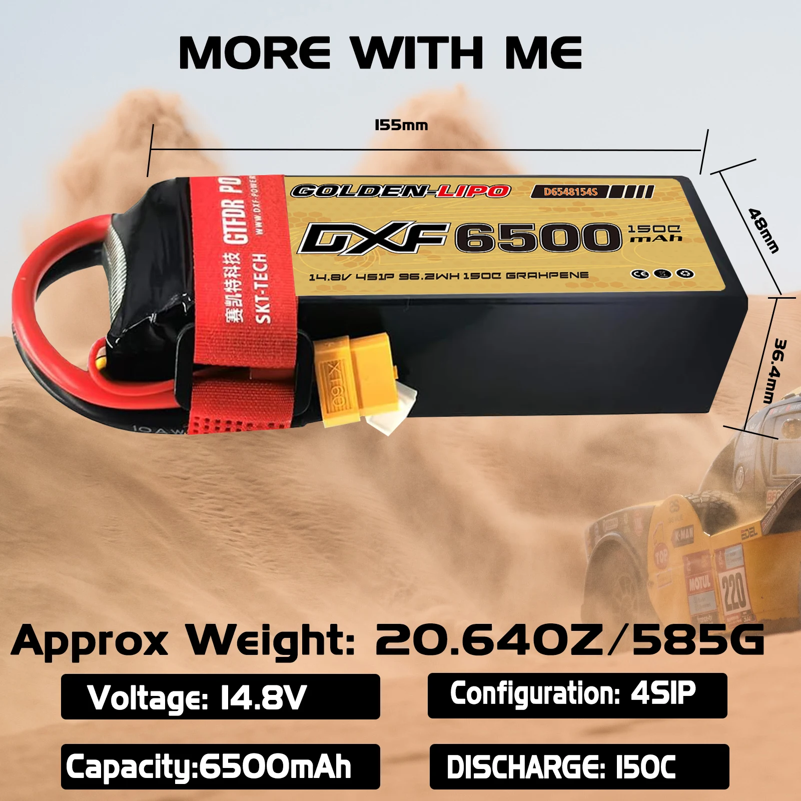 แบตเตอรี่ลิโพ 6500mAh DXF 4S 14.8V 150C พร้อมเคสแข็ง หัวต่อ XT60 สำหรับรถบังคับวิทยุ รถบรรทุก รถถัง รถบักกี้ รถทรักกี้ รถแข่ง งานอดิเรก